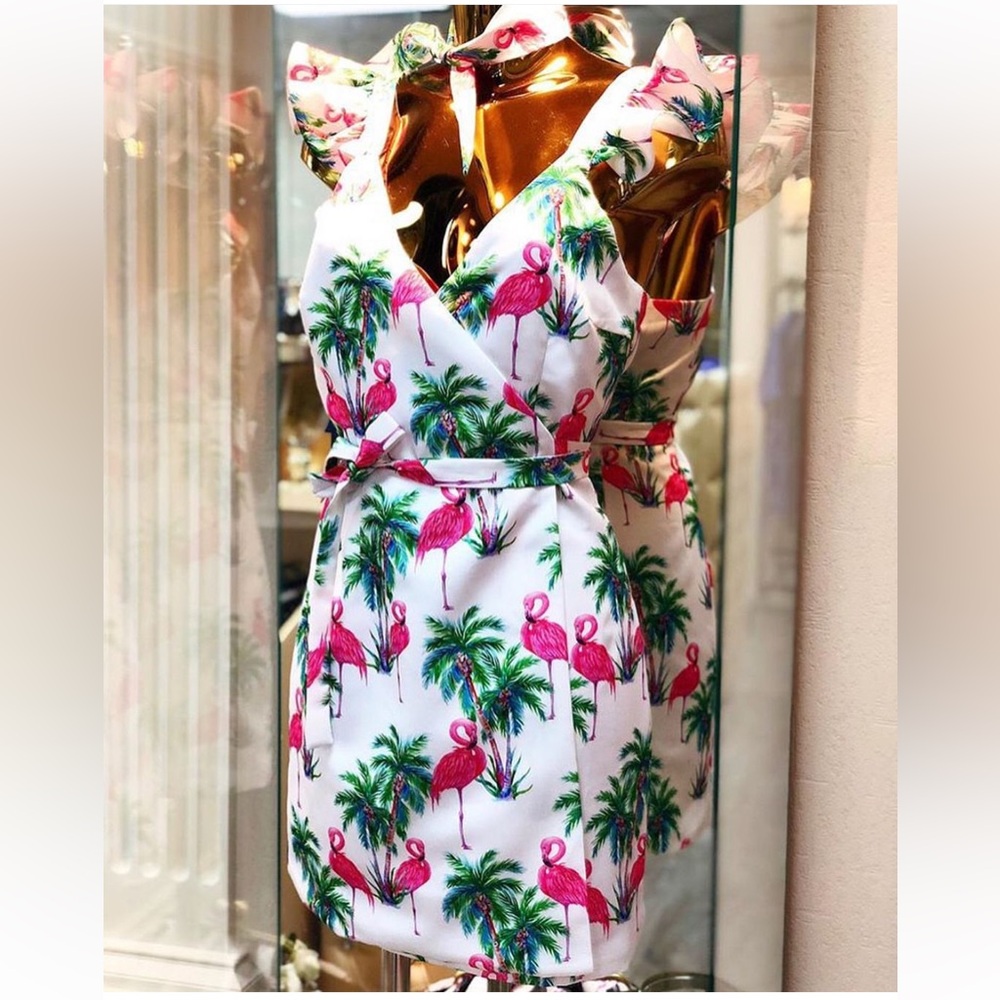 Tropical Flamingo Print Wrap Dress with Ruffled Straps - Size S